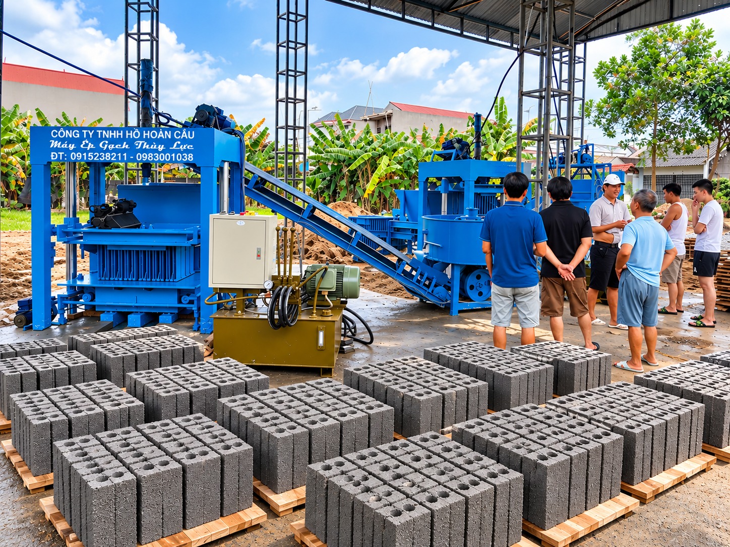 Khách hàng tham quan máy ép gạch thủy lực Hồ Hoàn Cầu màu xanh dương