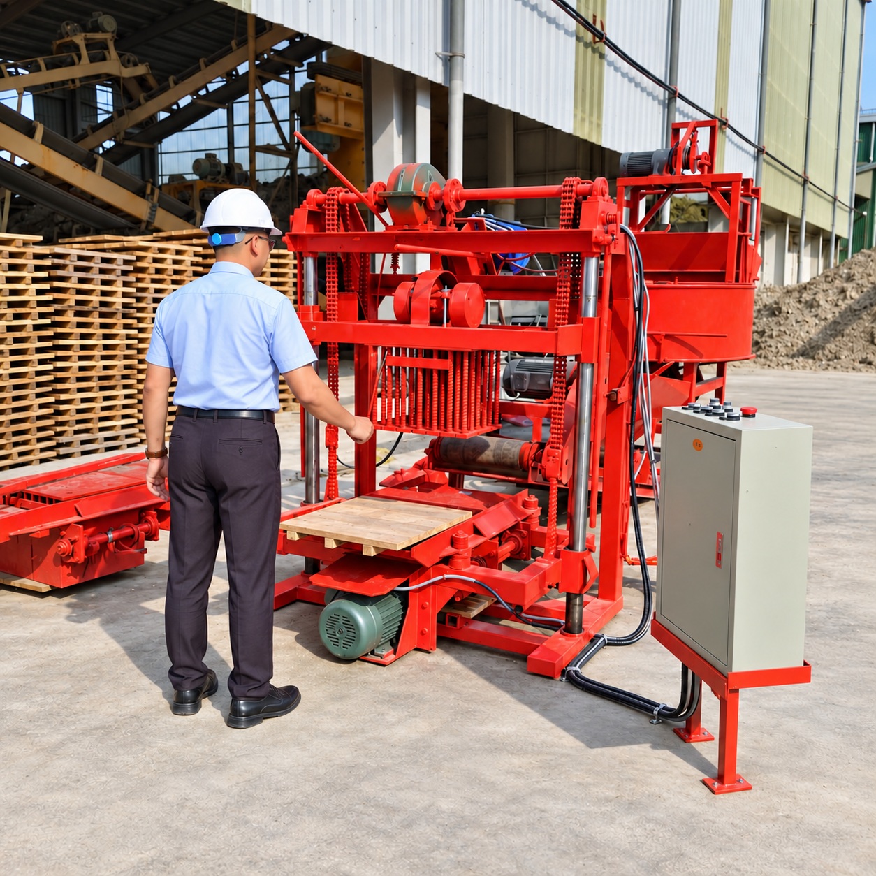 Người vận hành bên dây chuyền ép gạch không nung Hồ Hoàn Cầu