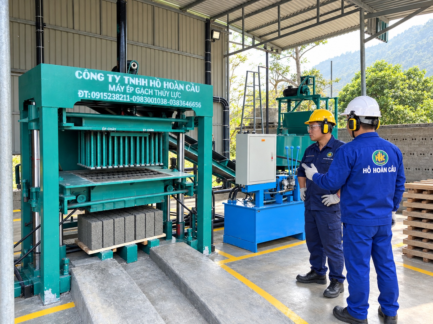 Kỹ thuật viên Hồ Hoàn Cầu trao đổi về vận hành và bảo dưỡng máy thủy lực tại xưởng